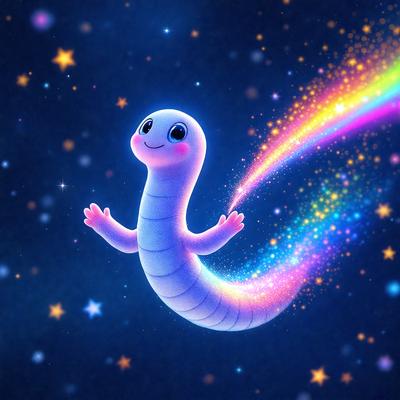 The primary subject of the image is a cartoon-like creature, possibly a dragon or a similar creature, with a long neck and a smile on its face. The creature is flying through the sky, surrounded by a colorful and vibrant background. The visual style of the image is digital art, with a focus on the creature's unique features and the vivid colors of the background. The overall atmosphere of the image is lively and fun, with the creature's smile and the bright colors creating a sense of joy and